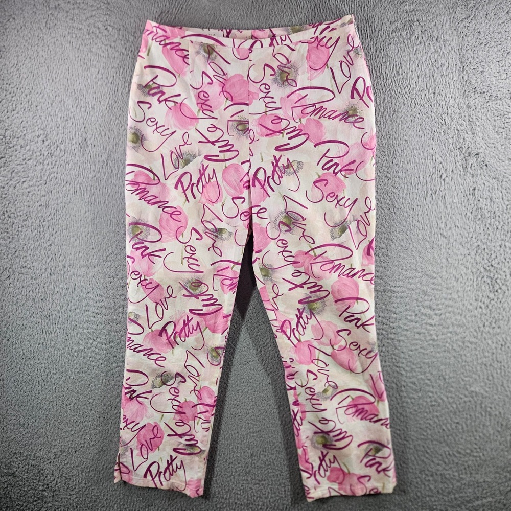 Escada Pink Floral Script Crop Pants Womens 38 Cotton Stretch Romance Love Sexy